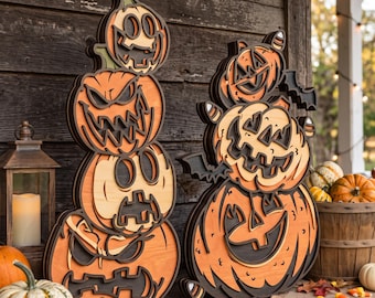 Puede incluir: Dos decoraciones de Halloween de madera en capas con calabazas talladas apiladas en tonos naranja y marrón oscuro. La pieza izquierda muestra cuatro calabazas en columna, mientras que la derecha muestra dos calabazas con detalles de murciélagos.