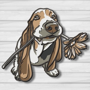 May include: A layered illustration of a Basset Hound holding a flower in its mouth. The dog is brown, white, and tan with long floppy ears. The flower is a light brown color. The background is a white wood grain.