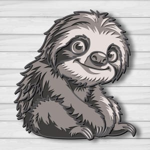 May include: A grayscale illustration of a smiling sloth. The sloth has a light gray face and a darker gray body with textured fur. Its eyes are large and expressive, and it appears to be sitting or resting.