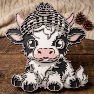 Peut inclure: Une décoration murale en bois multicouche représentant un veau de dessin animé à la fourrure noire et blanche, portant un bonnet rayé. Le veau a de grands yeux, un museau rose et des oreilles bordées de rose, avec des couches empilées.