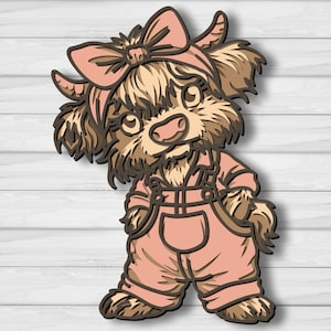 May include: A layered wooden cutout of a cartoon Highland cow wearing a pink bow, headband, and overalls. The cow has a light brown and tan fur pattern, with a pink nose and ears. The background is a white wood grain.