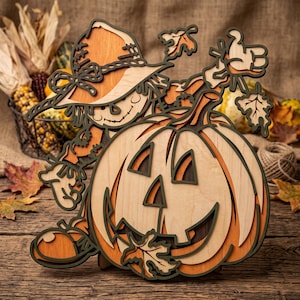 Fågelskrämma pumpa flerskikts SVG, höst laserskuren fil, Halloween pappersklipp, CNC, 3D lager höst trädesign