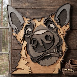 May include: A multi-layered wooden wall art piece depicting the head of a German Shepherd dog. The design features stacked cutouts in shades of dark brown, light tan, and cream, creating a dimensional, stylised portrait of the canine.