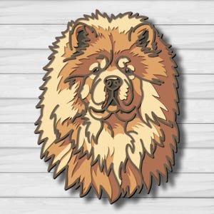 May include: A layered wooden wall art piece depicting the head of a Chow Chow dog. The design features multiple stacked cutouts in varying shades of tan, cream, and brown, creating a dimensional effect that highlights the thick, fluffy fur texture.