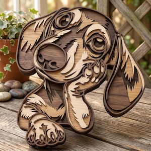 May include: A multi-layered wooden wall art piece depicting a dachshund puppy. The design features alternating light and dark wood tones, creating a three-dimensional effect with intricate cutouts that define the dog's face, floppy ears, and paws.