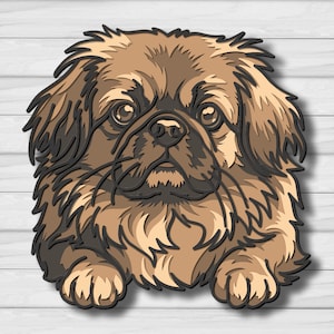 May include: A multi-layered wooden wall art piece depicting a brown Pekingese dog. The design features intricate cutouts creating depth with shades of tan, light brown, and dark brown, showcasing the dog's fluffy fur, large eyes, and flat nose.