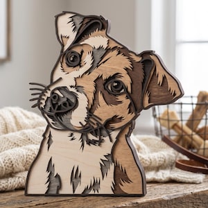 May include: A multi-layered wooden wall art piece shaped like a dog head, featuring various shades of natural wood grain including light beige, medium brown, and dark espresso tones, with intricate cutouts defining the facial features and fur.