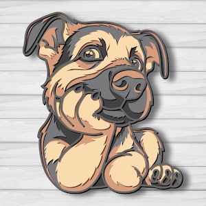 May include: A layered, stylized illustration of a dog in shades of tan, gray, and black. The dog is in a relaxed pose, with its paws resting. The artwork has a 3D effect, creating depth and dimension. The background is a white wooden plank design.