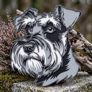 May include: A layered wooden wall art piece shaped like a Schnauzer dog head. The design features stacked cutouts in shades of black, white, and gray, creating a dimensional effect that highlights the dog's characteristic bushy eyebrows and beard.