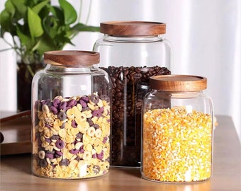 Large, Dome Shaped Eco Glass Jars - pantry jars, pantry goals, glass jar with wooden top, silicone insert in lid.