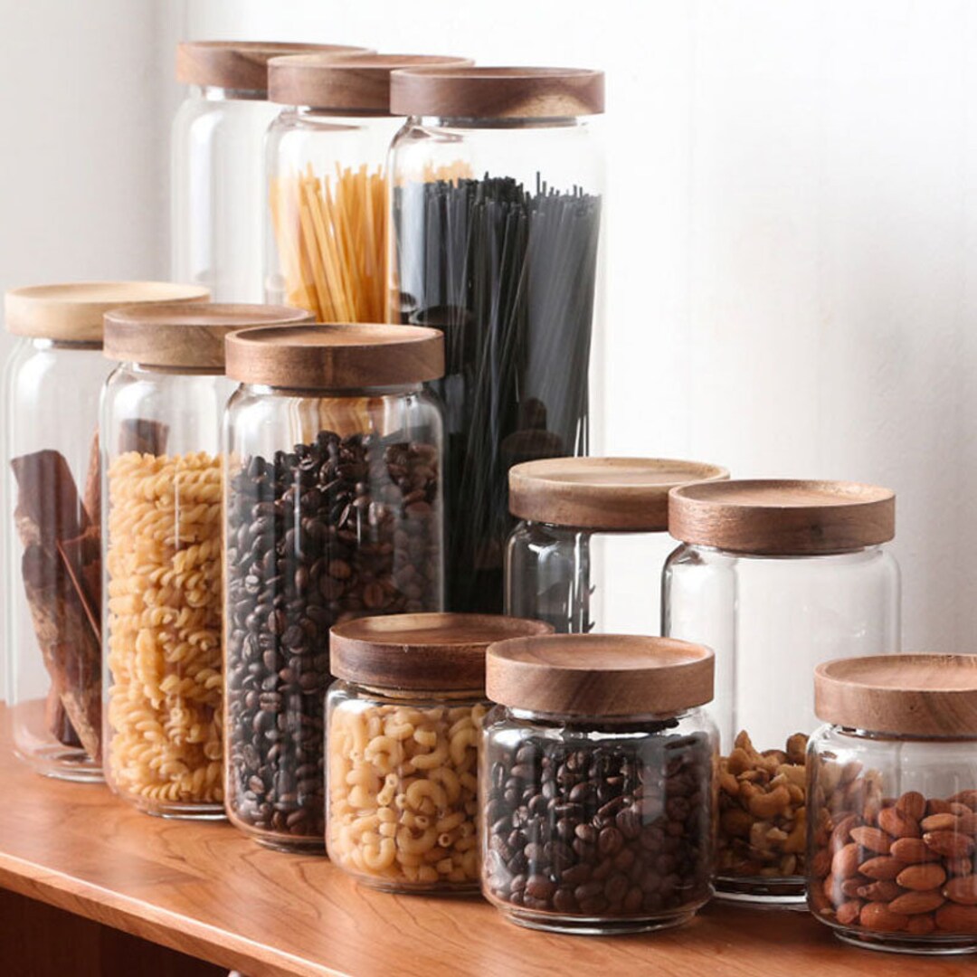 Eco Glass Jars, Pantry Jars, Pantry Goals, Glass Jar With Wooden Top