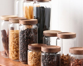 Eco glass jars, pantry jars, pantry goals, glass jar with wooden top, silicone insert in lid, spice jars, kitchen storage jars, glass jars