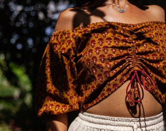 Block Printed Off Shoulder Top - Natural Dye & Traditionally printed motif Chameli