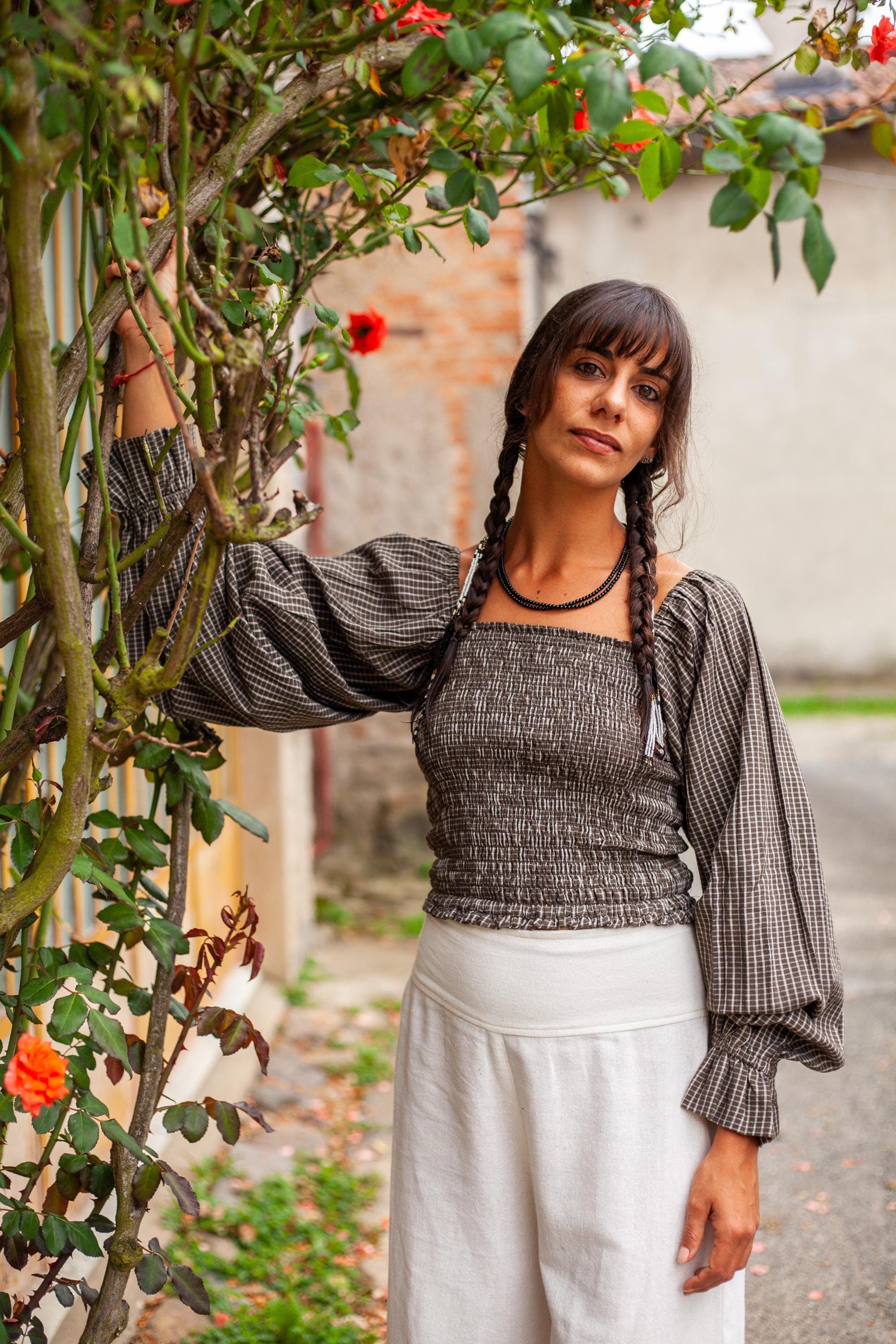 Checkered Blouse with SmockWork & Big Puff Sleeves - Ethically Handcrafted