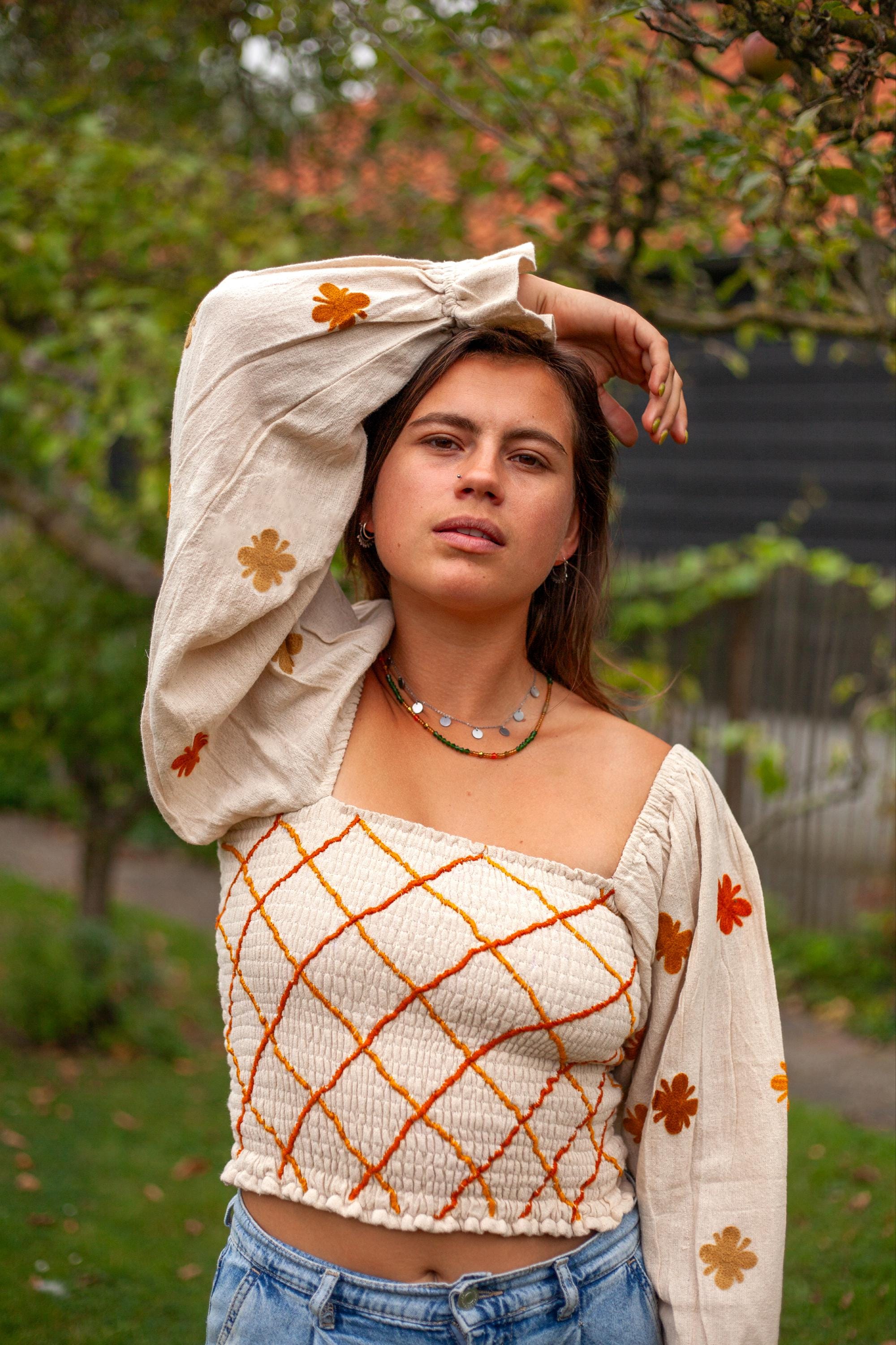 Embroidered Blouse with Puff Sleeves | SmockWork Design - Ethically Handcrafted