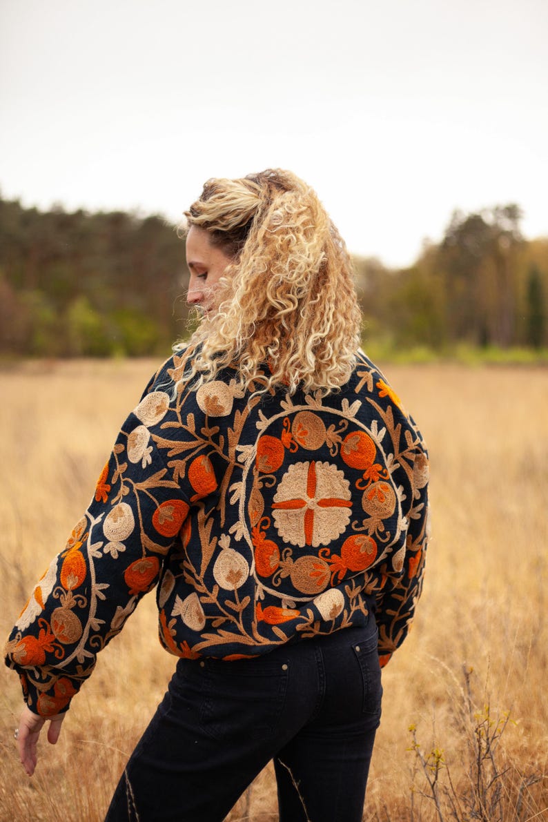 Embroidered suzani jacket by thaamsz - Bomber jacket, embroidery jacket with suzani style embroidery work, handcrafted ethically sustainable fashion , slow fashion brand. by Thaamsz