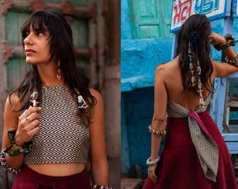 Cropped Top, Tie Around, Open Back, Halter Top - Recycled Sari Textile