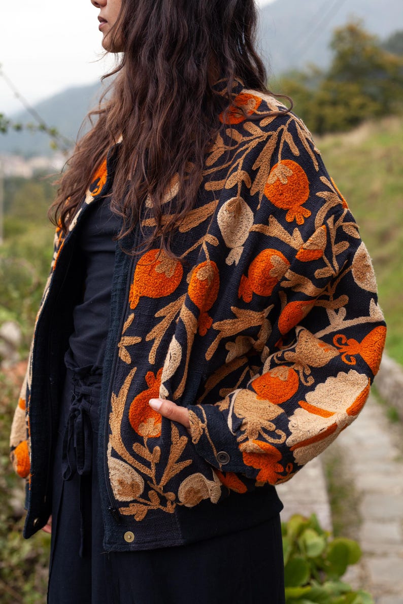 Embroidered suzani jacket by thaamsz - Bomber jacket, embroidery jacket with suzani style embroidery work, handcrafted ethically sustainable fashion , slow fashion brand. by Thaamsz