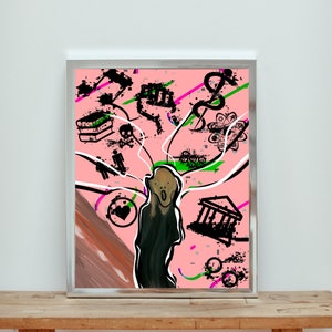 Puede incluir: Una impresión de arte abstracto rosa y blanca con un rostro gritando con líneas y formas en blanco y negro. La impresión incluye símbolos como una calavera, un corazón, un edificio y una nota musical.