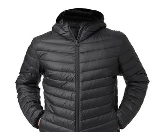 mens black puffer jacket with fur hood