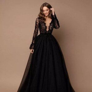 Black Lace Wedding Gown Boho Wedding Dress A Line Bridal - Etsy