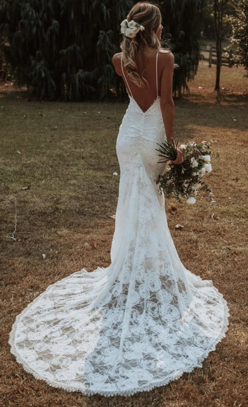 Boho Wedding Gown Mermaid Wedding Gown Floral Lace Bridal | Etsy