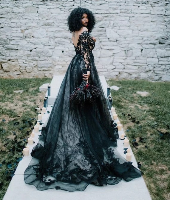 Robe de mariée gothique manches longues noir robe de mariée - Etsy France