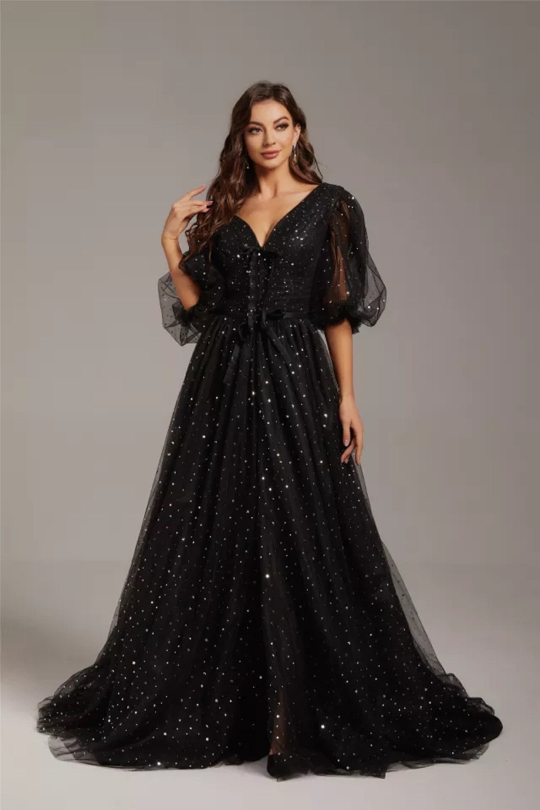 Black Wedding Dress Puffy Sleeves Black Gown Vintage Evening - Etsy
