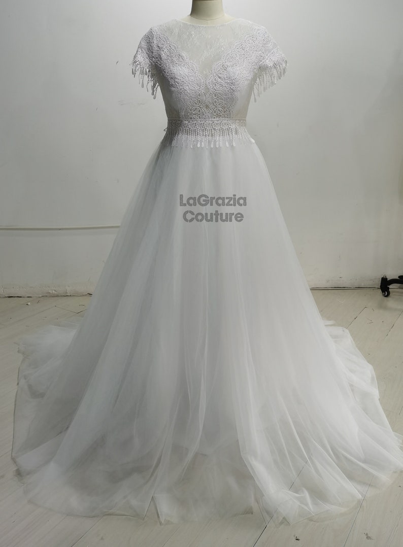 Boho Wedding Gown Wedding Dress With Tassel Short Sleeves Etsy