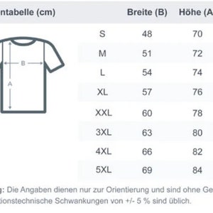 May include: Size chart for a t-shirt in centimeters. The chart shows the width and height of the shirt in centimeters for sizes S through 5XL.