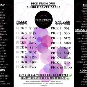 May include: A pink and purple graphic with a list of candy, chips, and snack options for party favors. The graphic includes prices for different bundle deals, with options for filled and unfilled treat bags. The text "Pick from our Bundle Saver Deals" is at the top of the graphic.