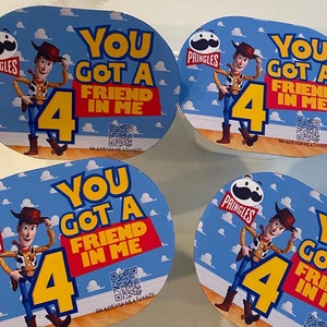 May include: Four colorful Pringles can lids with a cartoon image of Woody from Toy Story. Each lid has the text "You got a friend in me" and a QR code.
