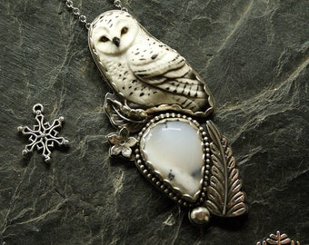 Owl owl pendant in 925 sterling silver dendritic agate merlinite jewelry - Cute owl pendant - Witchcraft amulet