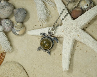 Zeeschildpad hanger, zilver en stenen