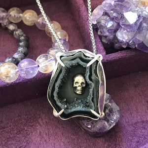 zilveren schedel schedel ketting zwarte agaat met halloween kristallen