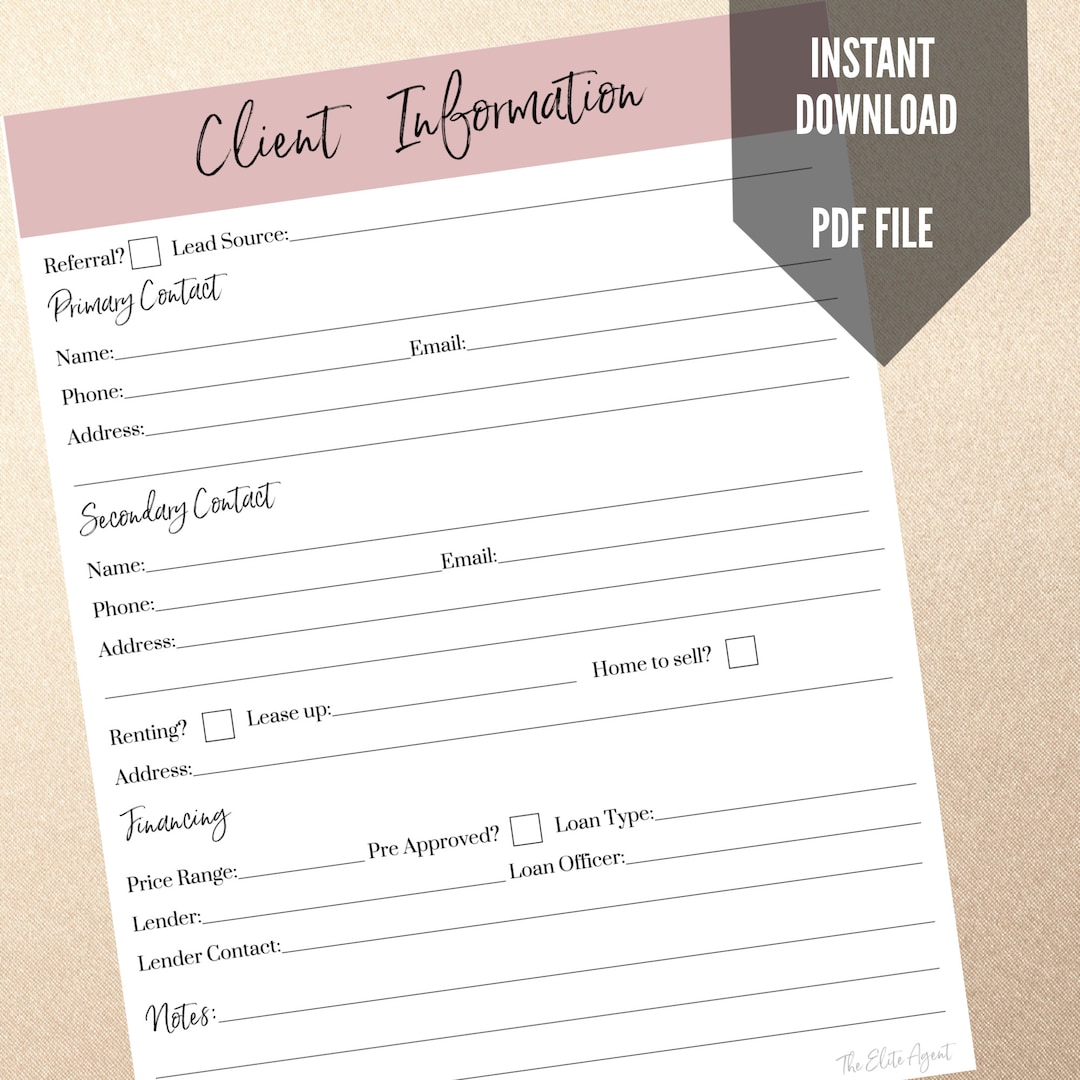CLIENT INFORMATION Form Real Estate Agent Realtor Real Estate Printable ...