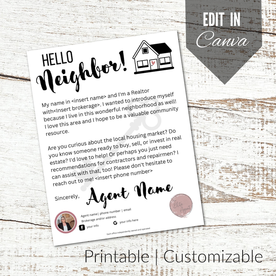 NEIGHBORHOOD INTRODUCTION Letter Neighbor Real Estate Realtor Agent