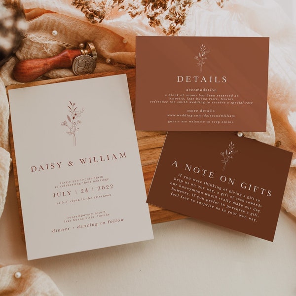 Botanical Minimalist Wedding Invitation Template Set, Editable Wedding Invitation Suite Template Download, Boho Invite Set, Terracotta (A6)