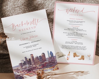 Houston Bachelorette Weekend Invitation & Itinerary Template, Texas Bachelorette Invite, Western Country, Watercolor Skyline, DIY | BC25