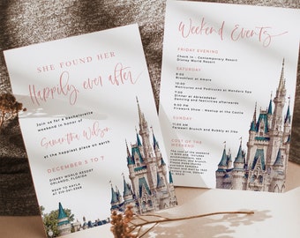 Theme Park Bachelorette Party, Castle Weekend Itinerary and Invitation, Amusement Park Invite, Watercolor, Editable Template Download | BC23