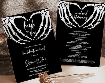 Halloween Bride or Die Bachelorette Invitation & Itinerary Template, Til Death Do Us Party, Halloween Bachelorette, Skellington Hands | BC29