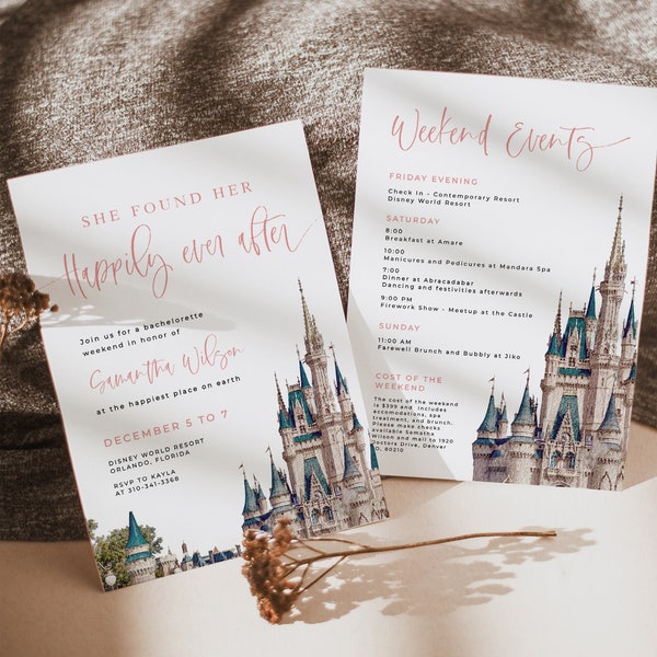 Theme Park Bachelorette Party, Castle Weekend Itinerary and Invitation, Amusement Park Invite, Watercolor, Editable Template Download | BC23