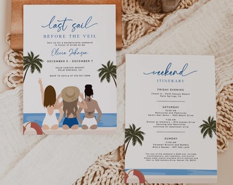 Nautical Bachelorette Weekend Invitation & Itinerary, Last Sail Before The Veil, Tropical Bachelorette Party Invite, Yacht Ship Swim | BC11