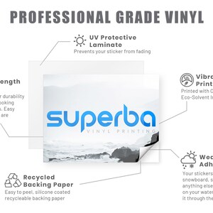 May include: Professional grade vinyl sticker with a blue and white logo that says "superba vinyl printing". The sticker is printed with vibrant colors and has a weatherproof adhesive. The sticker is made with a UV protective laminate to prevent fading. The sticker is printed on recycled backing paper.