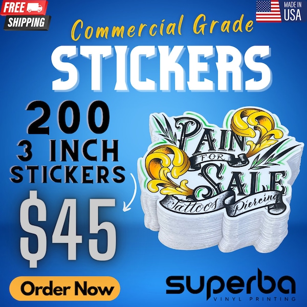 3" | 200qty | Die Cut Stickers | Waterproof Vinyl Die Cut Stickers | Logo Stickers |Free Shipping