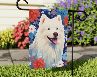 4th of July Dog Garden Flag for Samoyed Dog Lovers, Yard Art Samoyed Dog Art Decor Gifts DOUBLE SIDED