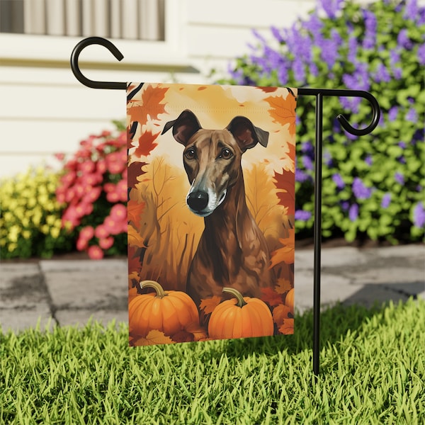 Greyhound Fall Pumpkin Garden Flag, Brindle Greyhound Mom Gifts, Fall Dog Lover Decor, New Dog Owner Gifts , Dog Halloween Decor