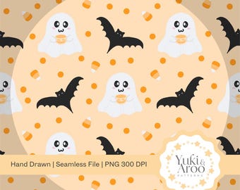 May include: A seamless Halloween pattern featuring white ghosts holding pumpkins, black bats, orange candy corn, and orange polka dots on a light orange background. The text "Hand Drawn | Seamless File | PNG 300 DPI" is included.