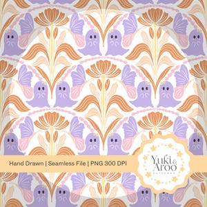 Peut inclure: Motif répété avec des éléments floraux et des figures fantomatiques dans des tons orange, violet et blanc. Le design comprend le texte "Hand Drawn | Seamless File | PNG 300 DPI" et un logo avec le texte "Yuki & Aroo Patterns".