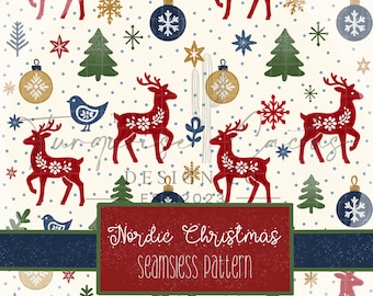 Nordic Christmas Seamless Pattern: Folk Art Reindeer Design (Digital Download)